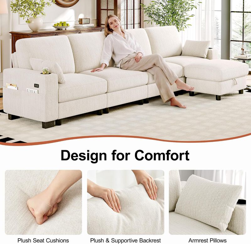 Vipbear 128 Inch Modular Sectional Sofa, Comfy Chenille 5 Seater L Shaped Cloud Couch with Ottoman image number 2