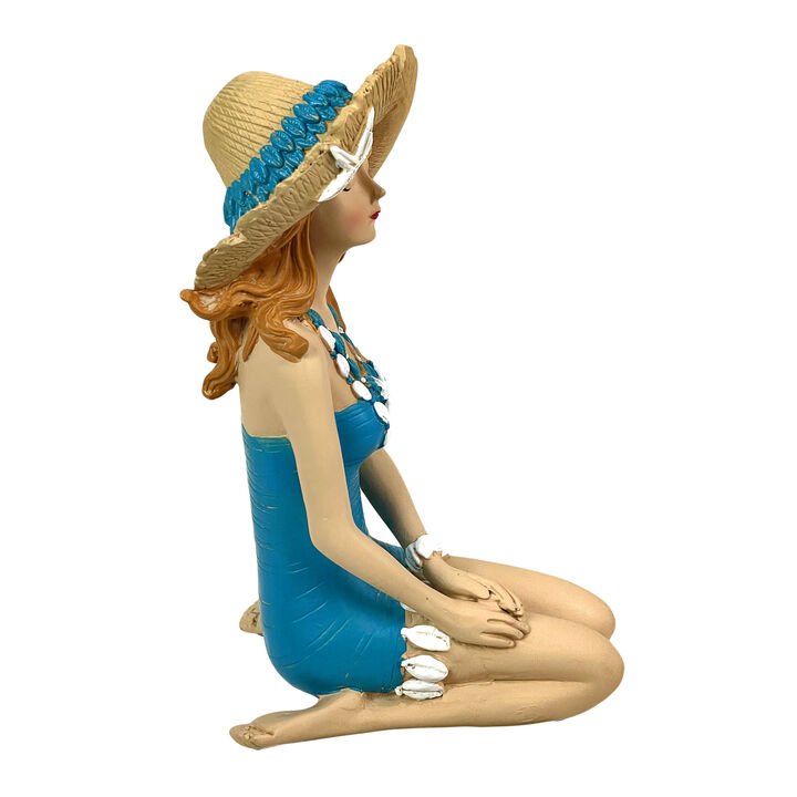 Sitting Beach Girl Figurine Blue Swimsuit Straw Hat Sunbathing 7.75 inch