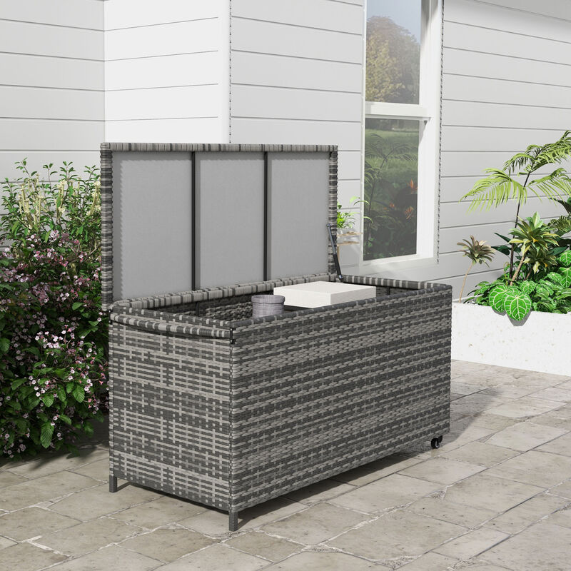 Outsunny 83 Gallon Deck Box, Large Outdoor Storage Chest, PE Wicker Trunk for Outside on Wheels for Garden Tools, Pool Toys & Patio Furniture Cushions, Gray