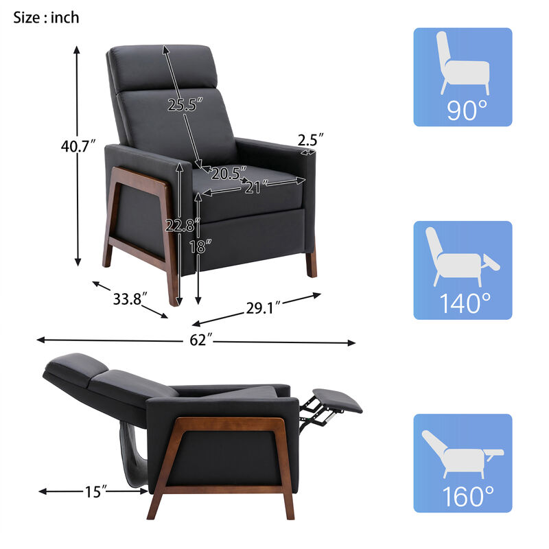Set of Two Wood Framed PU Leather Recliner Chair Adjustable Home Theater Seating with Thick Seat Cushion and Backrest Modern Living Room Recliners, Black