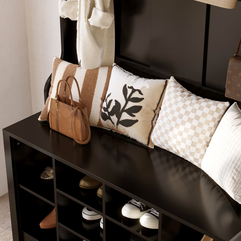 68.5 in. Black Wood 3-in-1 Hall Tree Coat Rack Storage Bench with 7-Metal Double Hooks and Shelves