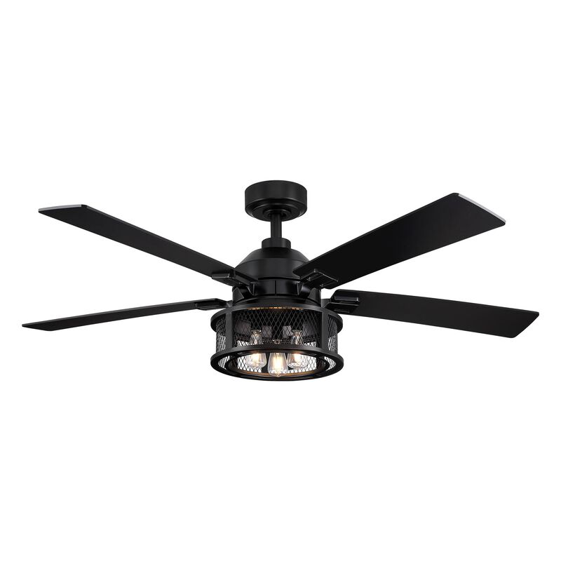 52 in. Industrial Mesh Metal Reversible Blades Black Ceiling Fan with Light and Remote