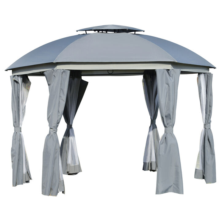 Outsunny 12' x 12' Round Outdoor Gazebo, Patio Dome Gazebo Canopy Shelter with Double Roof, Netting Sidewalls and Curtains, Zippered Doors, Strong Steel Frame, Grey