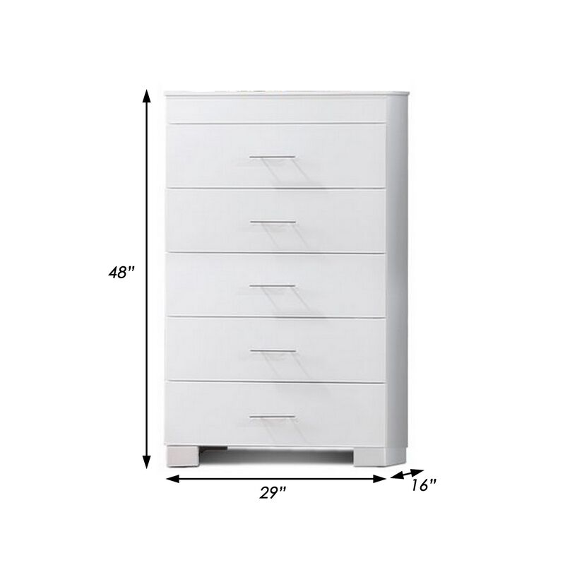 Vin 48 Inch Modern Tall Dresser Chest, 5 Gliding Drawers, Crisp White-Benzara