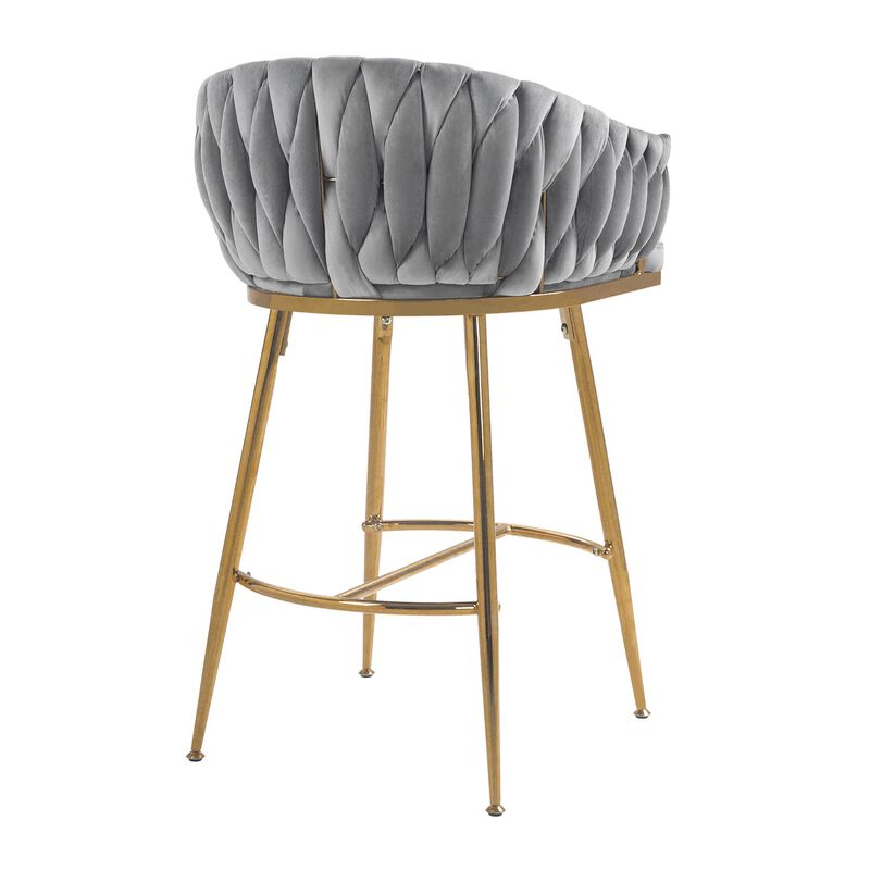 26 Inch Velvet Counter Height Bar Stool with Hand Wave Back and Golden Base for Kitchen Island image number 4