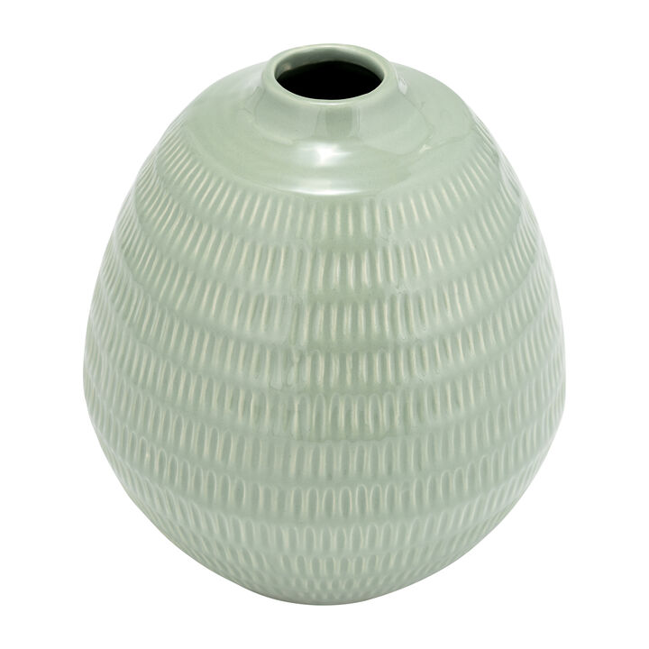 Cer,7",stripe Oval Vase,dark Sage