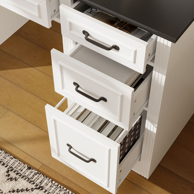 FUFU&GAGA Rustic Office Desk with Transparent Glass Doors, Shelves, Multiple Drawers, Large Storage Space, and Power Strip, (57.9 in. W x 10.7 in. D x 78.7 in. H), White and Black