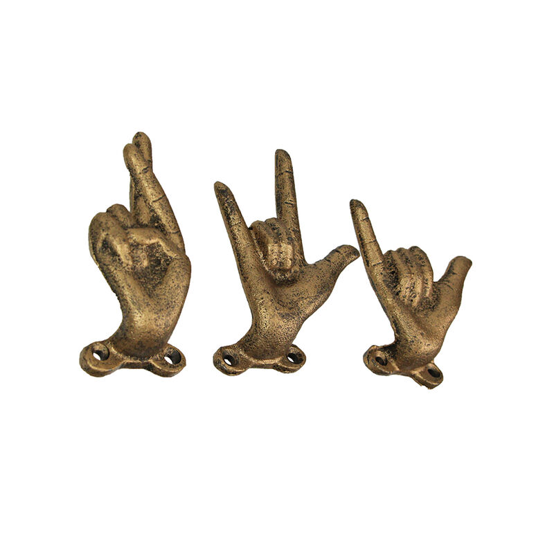 Set of 3 Antique Gold Cast Iron Hand Gesture Wall Hooks image number 5