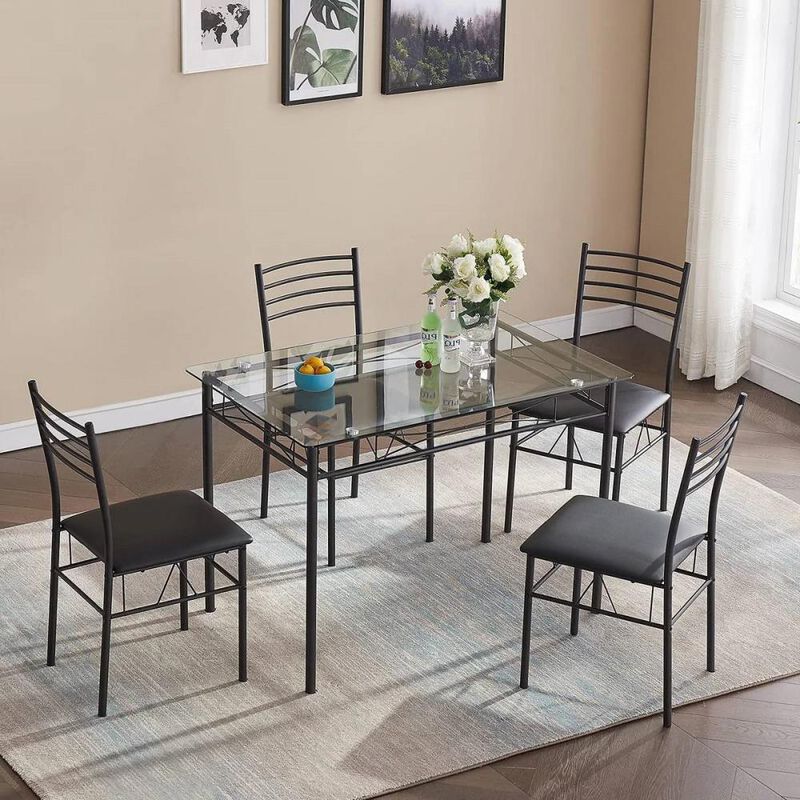 Hivvago Black 5-Piece Dining Set with Rectangular Glass-Top Table and 4 Chairs