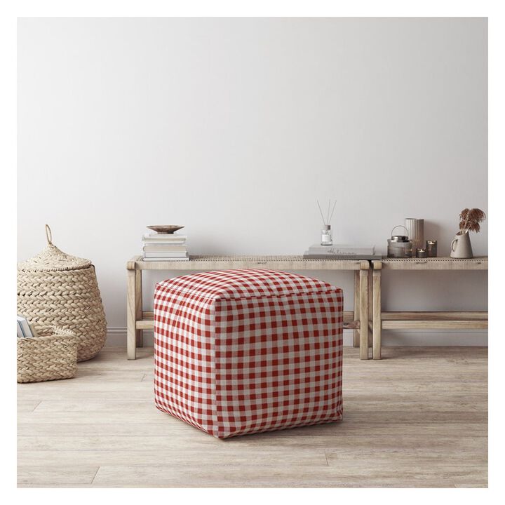Homezia 17" Red And White Gingham Pouf Ottoman