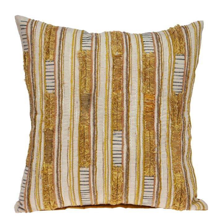 18" Beige and Yellow Embroidered Geometric Striped Square Throw Pillow