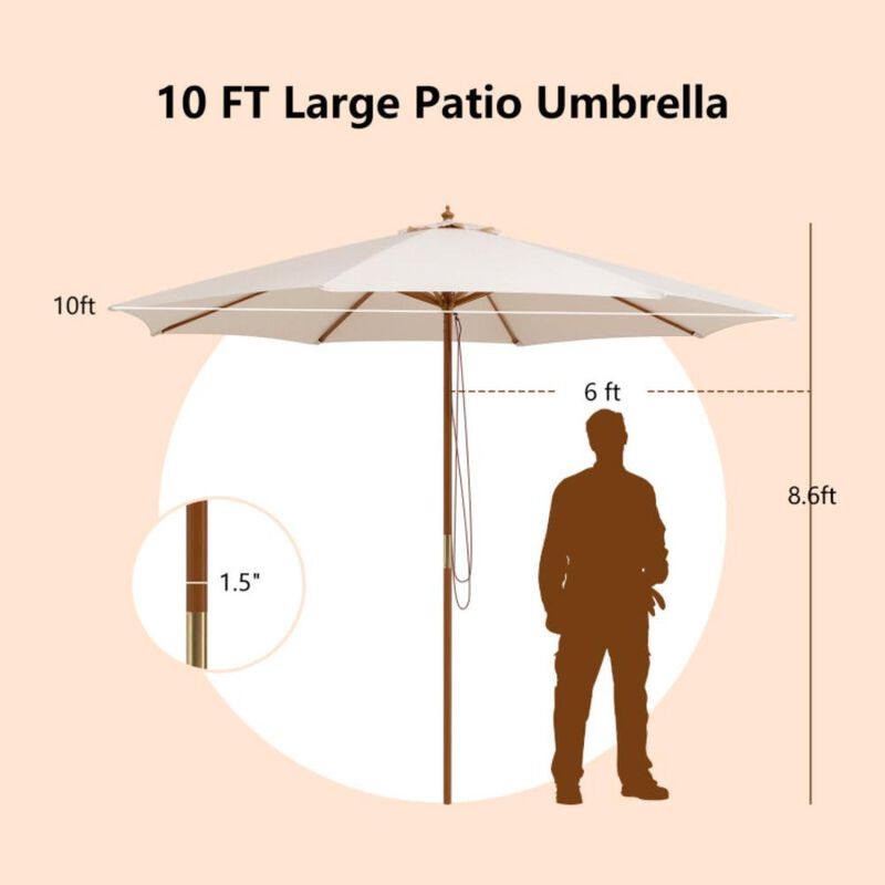 Hivvago 10 Feet Patio Umbrella with 8 Wooden Ribs and 3 Adjustable Heights