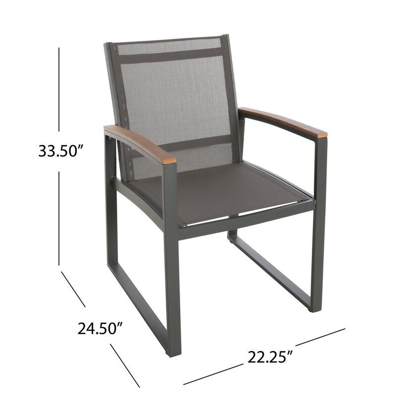 Outdoor Dining Chair Set of 2, Gray Mesh Seat and Brown Faux Wood, Metal - Benzara