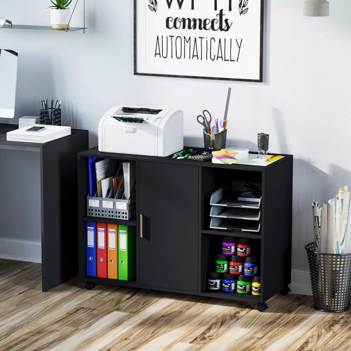 Functional Black Design: Versatile Printer Stand and Filing Cabinet with Storage Shelves, Ideal Addition to Any Workspace