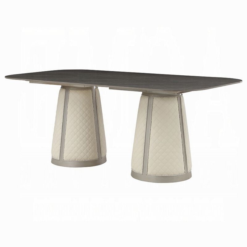 Kyna Dining Table, Gray, 82 Inch Black Sintered Stone Rectangular Top - Benzara