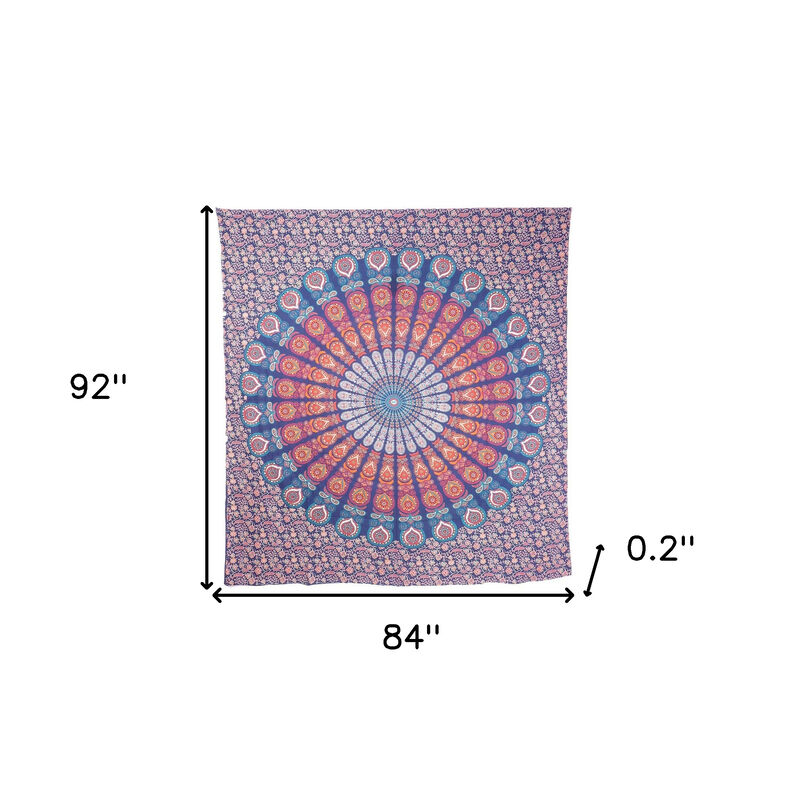 HomeRoots 92" X 84" Orange Purple And Blue Mandala Cotton Hanging Tapestry image number 3