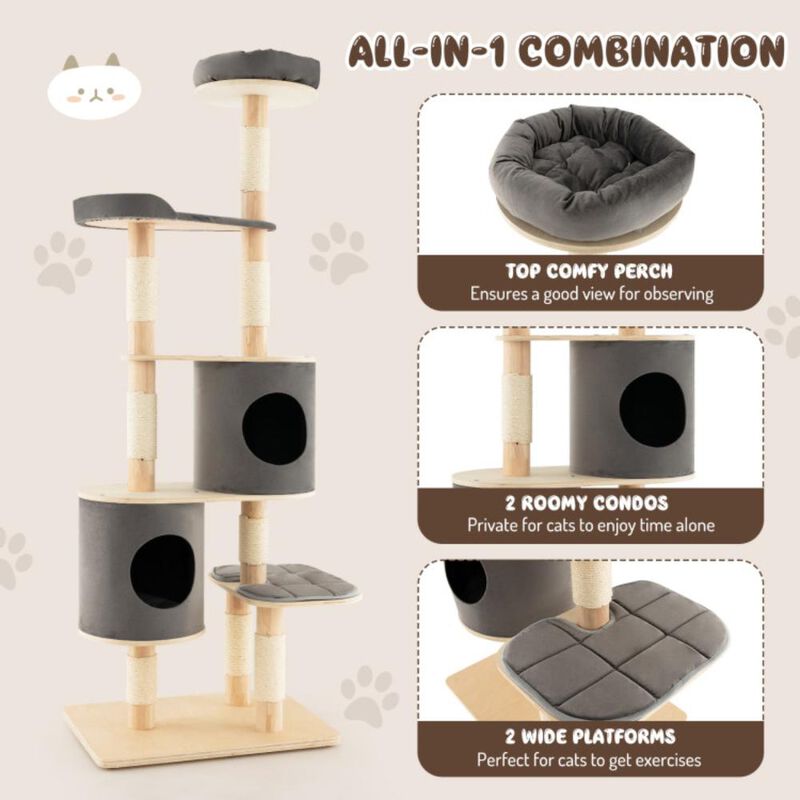 Hivvago 6-Tier Wooden Cat Tree with 2 Removeable Condos Platforms and Perch
