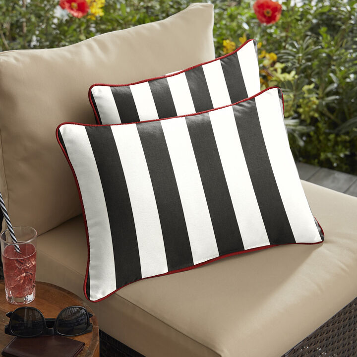 Set of 2 Black  Red  and White Cabana Classic Canvas Jockey Sunbrella Outdoor Lumbar Pillows 13" x 20"