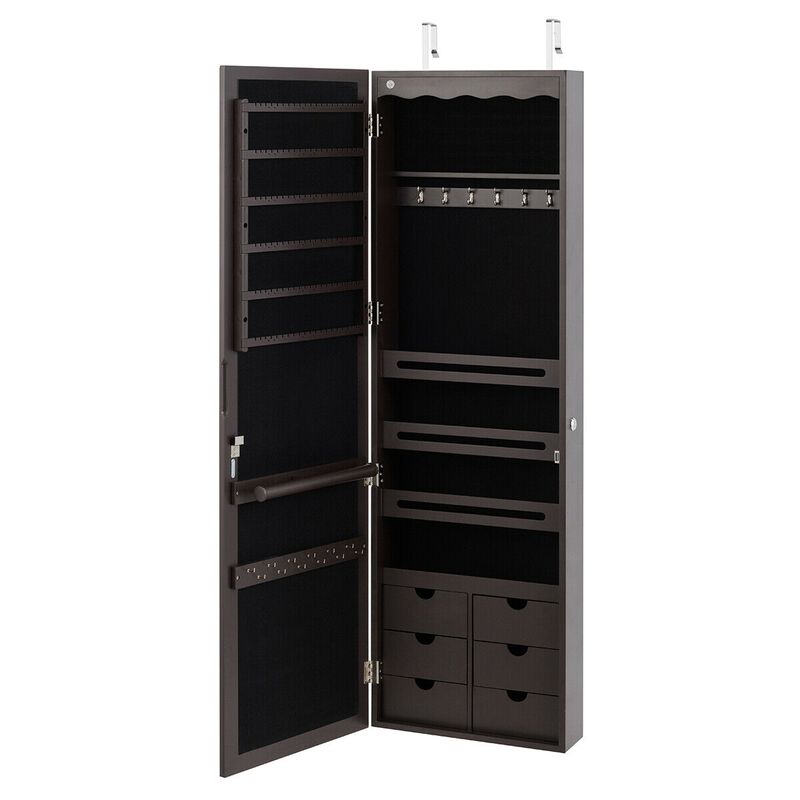 5 LEDs Lockable Mirror Jewelry Cabinet Armoire with 6 Drawers
