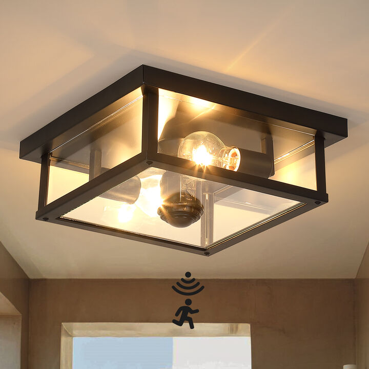 12 in. Motion Sensor Modern Farmhouse 2-Light Outdoor Flush Mount Ceiling Light