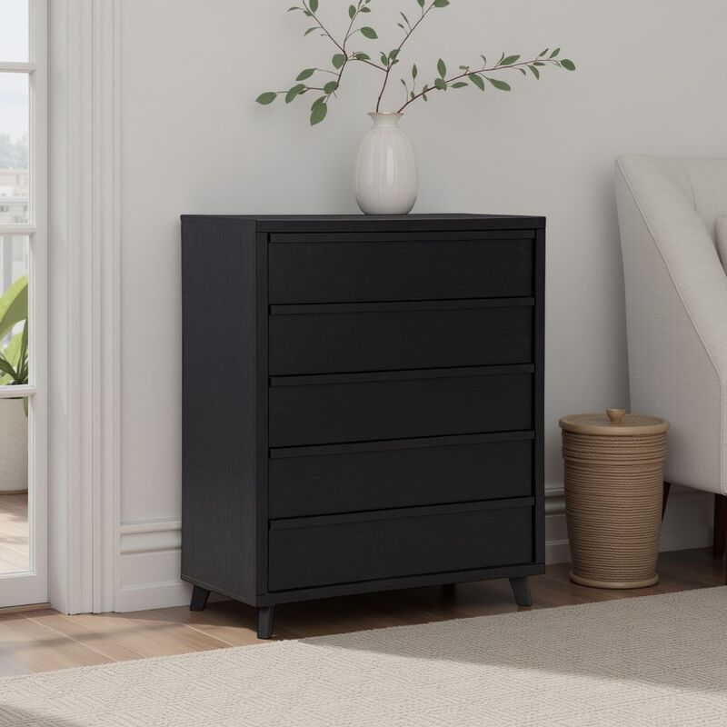Danzi Tall Dresser Chest, 5 Storage Drawers, Modern Black Laminate - Benzara
