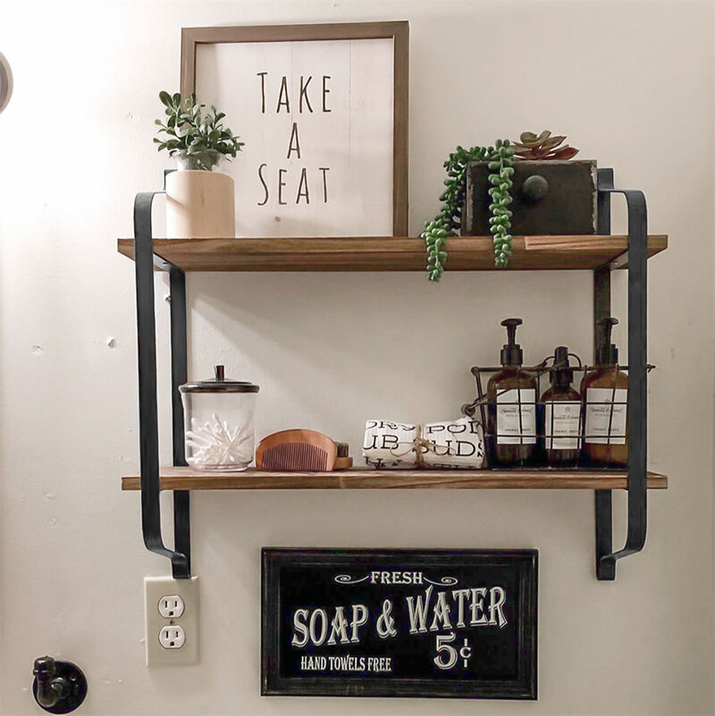 Large Rustic Industrial Pipe Wall Floating Shelf Wooden Storage Shelving Unit US image number 1