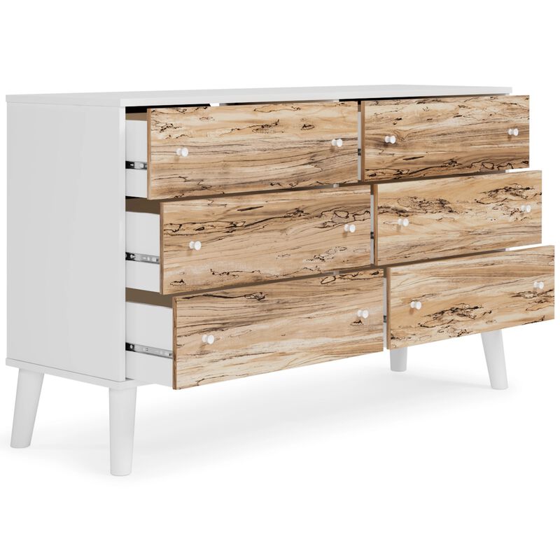 Asher 59 Inch Contemporary Dresser, 6 Drawers, White and Natural Brown-Benzara image number 3