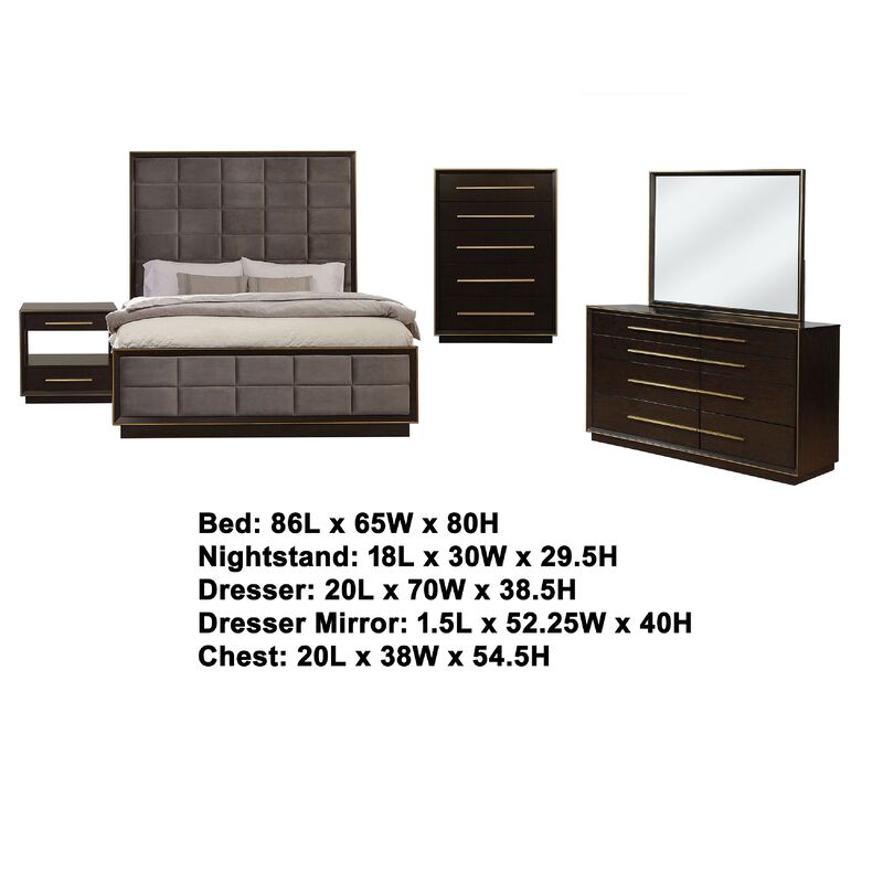 Lyni 5pc Tall Queen Bedroom Set, Gold Accents, Brown, Gray Upholstery image number 4