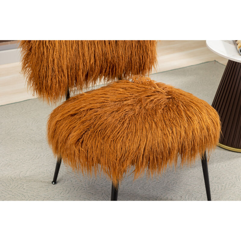 25.2" Wide Faux Fur Plush Accent Chair With Ottoman, Living Room Chair With Footrest, Fluffy Upholstered Armless Chair And Stool, Comfy Mid Century Modern Chair for Living Room, Bedroom (Caramel)
