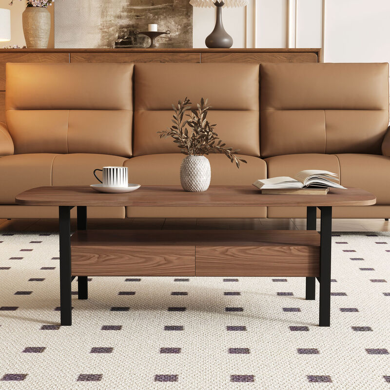 Wooden Coffee Table with 2 Drawers & Open Shelve 47.2" Walnut