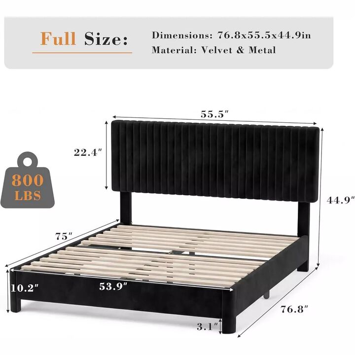Vipbear Black Velvet Upholstered Platform Bed Frame with Headboard, Wood Slat Support, Easy Assembly