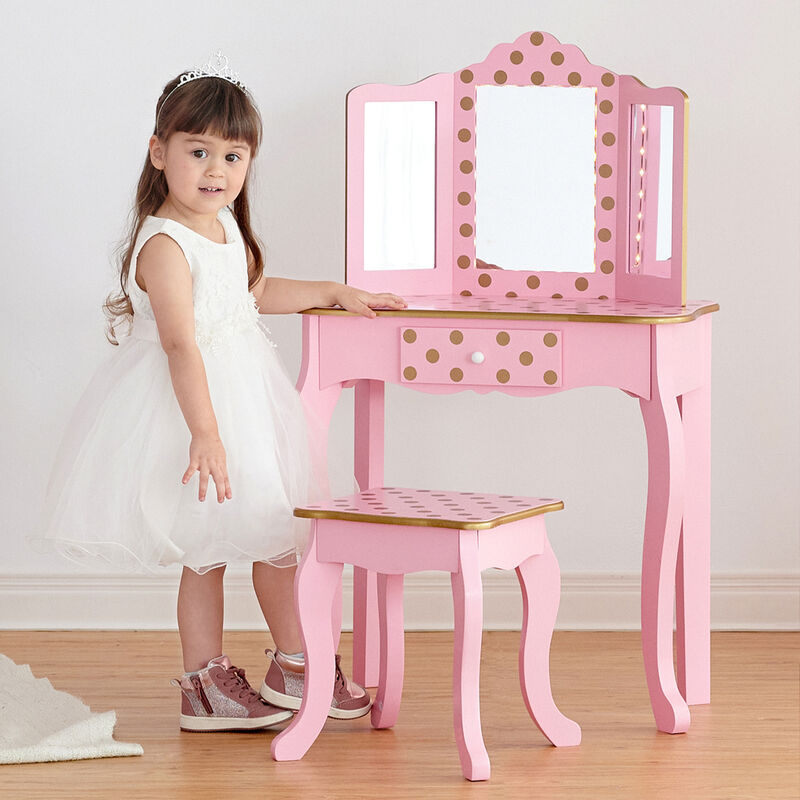 Fantasy Fields Gisele Polka Dot Vanity Set with LED Lighted Mirror and Chair, Pink/ Gold image number 0