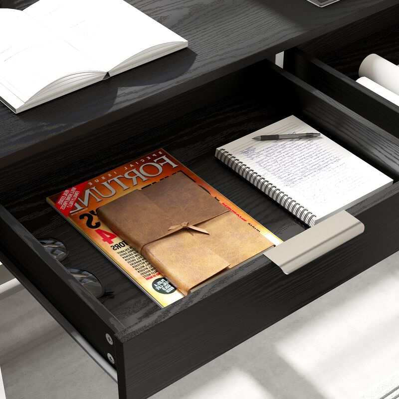 FUFU&GAGA L-Shaped Corner Desk with Drawers and File Cabinet, Black Embossed Finish, Metal Frame, Home Office Computer Workstation with Storage (70.9” x 55.1” x 29.9”), Black