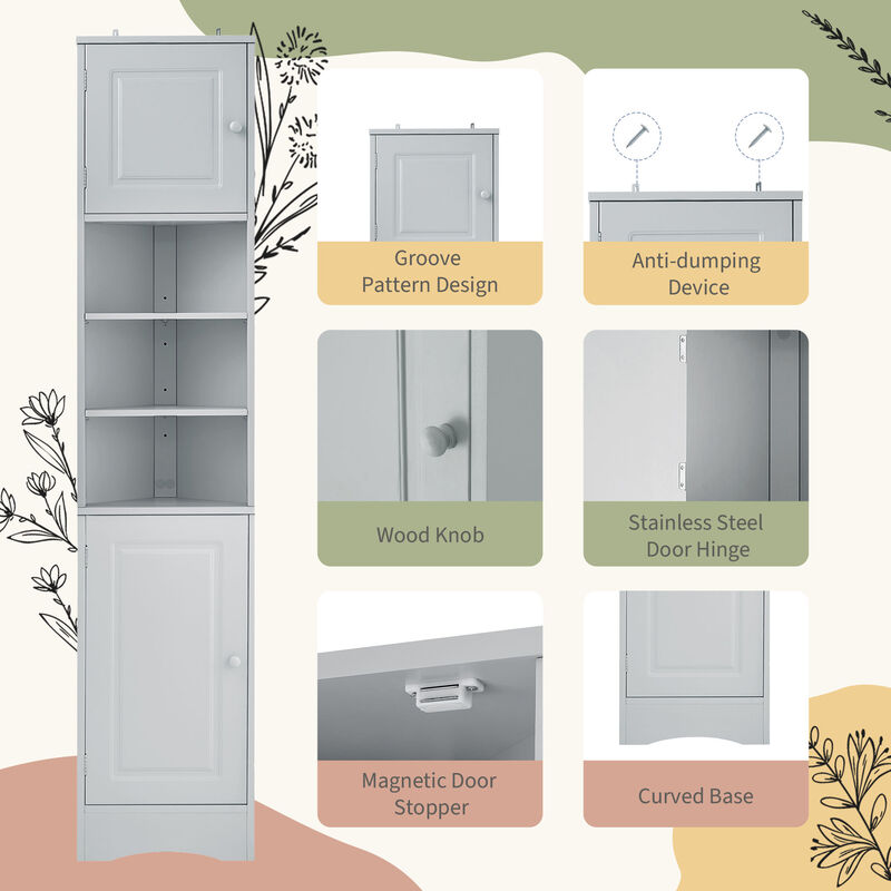 Whisen Multi-Functional Verticle Corner Cabinet, Tall Bathroom Storage Cabinet with Two Doors and Adjustable Shelves