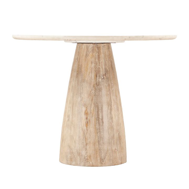 World Interiors Palm Desert Natural White Marble Dining Table with Modern Washed Wood Base