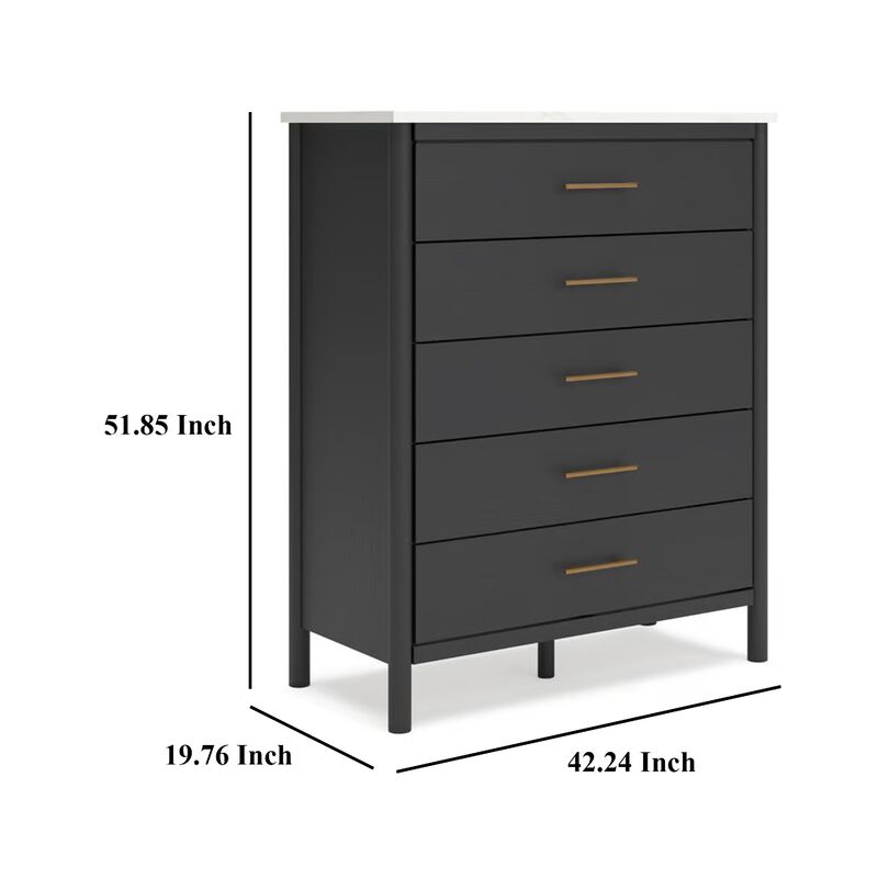 Mooran Tall Dresser Chest, 5 Drawers, Modern Marble Finish Top, Black - Benzara