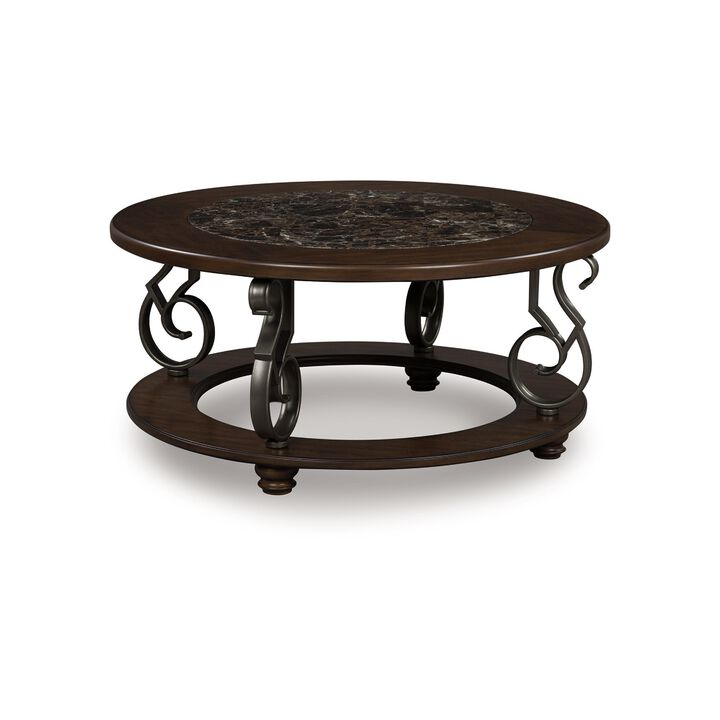 Falu Coffee Table, 42 Inch Round Faux Marble Top, Classic Scrolled, Brown
