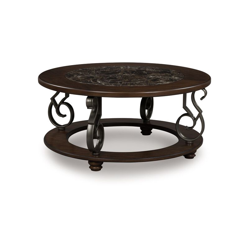 Falu Coffee Table, 42 Inch Round Faux Marble Top, Classic Scrolled, Brown image number 0