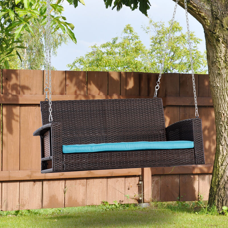 Outsunny 2 Person Wicker Hanging Swing Bench, Front Porch Swing Outdoor Chair with Cushions 550 lbs. Weight Capacity for Backyard, Garden, Sky Blue