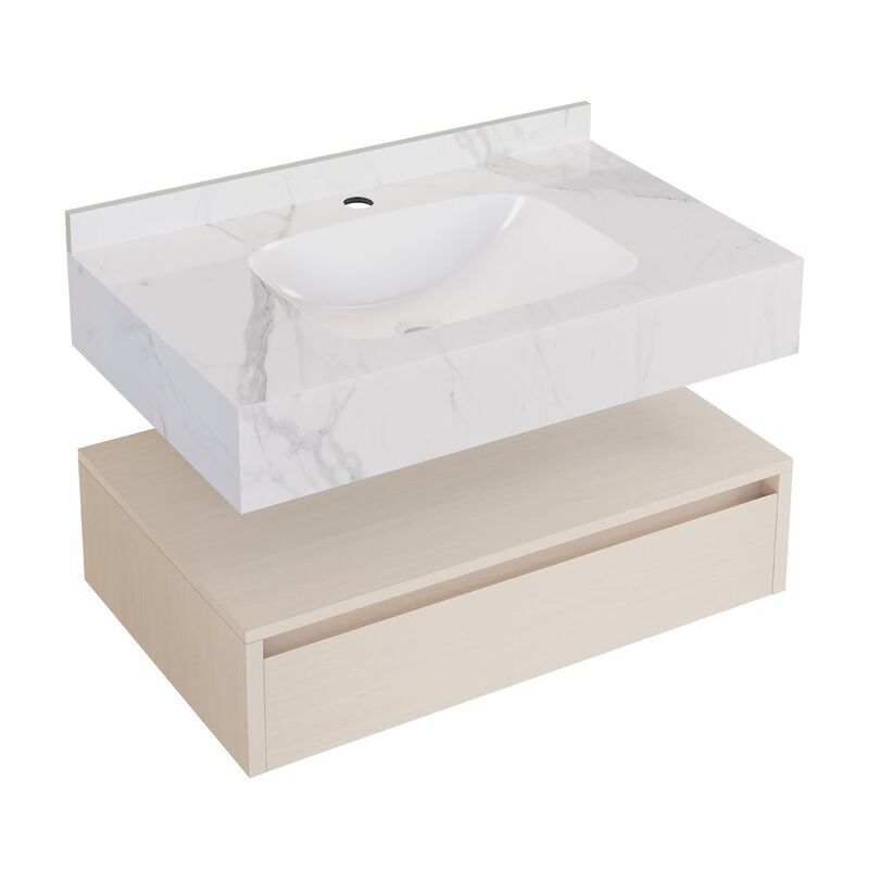 Avancer 36" Wall-Mounted Bathroom Vanity in White Oak with White Marble Sink Top image number 6