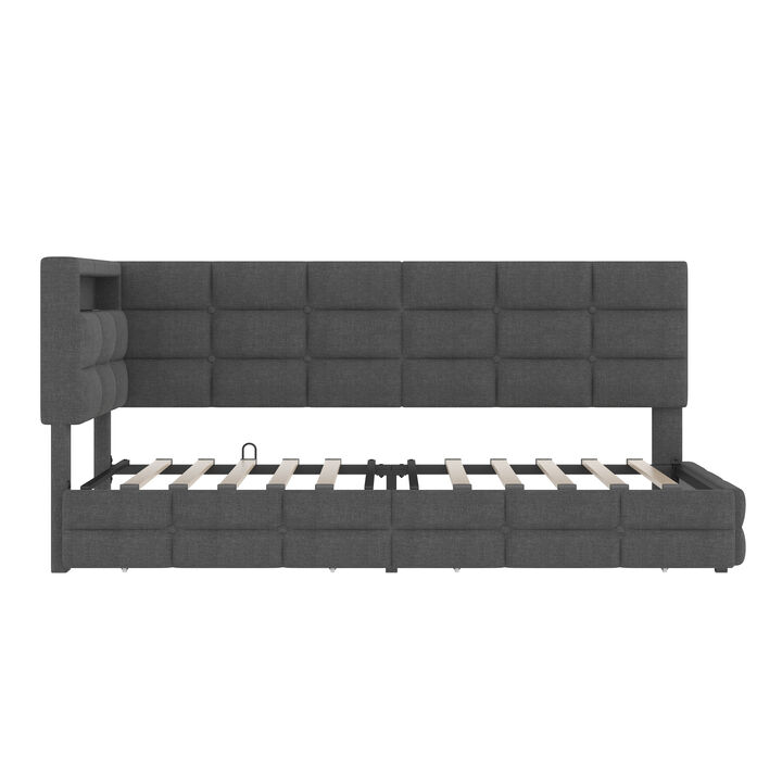 Merax Twin Size Upholstered Daybed with Storage 2 Drawers, Charging Station, LED Lights & Storage Headboard