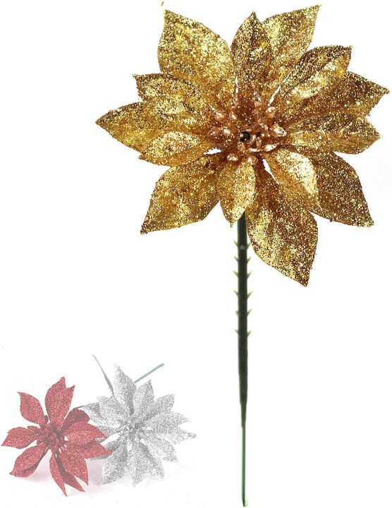Set of 24pcs 4-Inch Glitter Poinsettia: Sparkling Holiday Decor | Festive Christmas Accents for Home and Office | Miniature Poinsettia Flowers for Elegant Displays