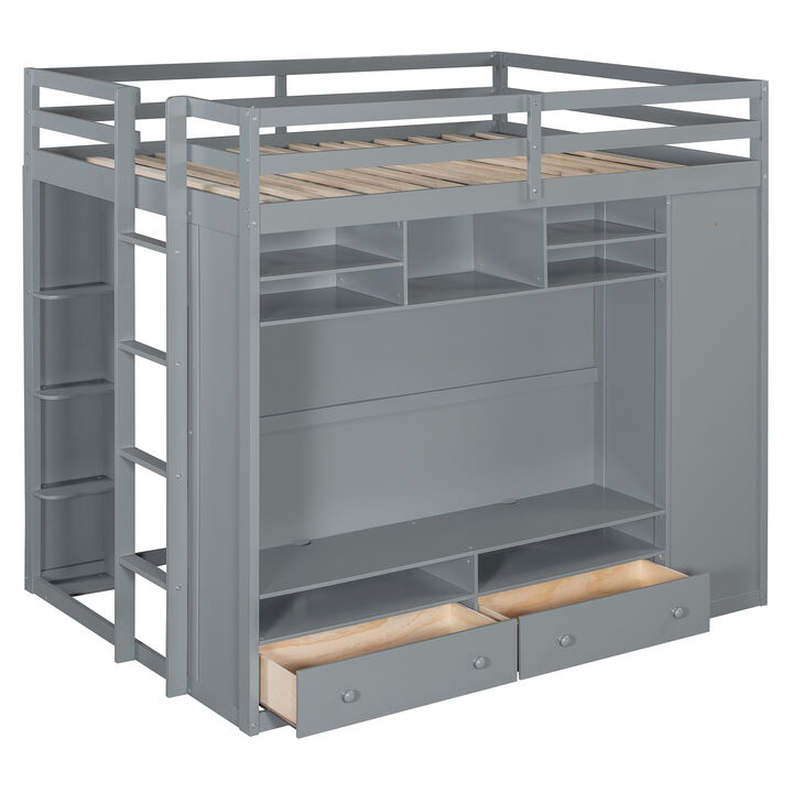 Merax Full Size Multi-Storage Loft Bed with Wardrobe & Remote LED Lights
