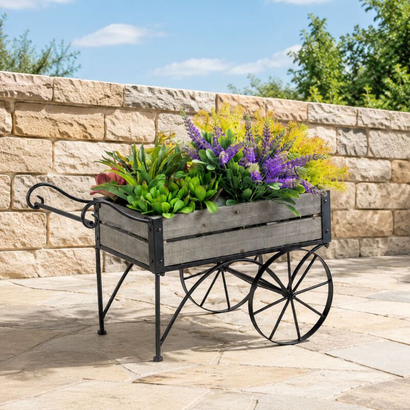 WOW PIONEER Rustic Trolley Cart Plant Stand with Pine Wood Shelves and Iron Frame for Indoor Patio Porch Greenhouse Plant Display image number 2