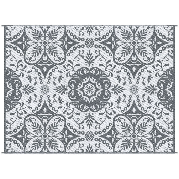 Outsunny Reversible Outdoor Rug with Carry Bag 9' x 12' Blue & White Flower