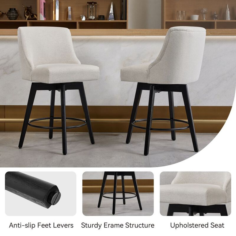 Counter Height Bar Stools, 26" Swivel Barstools with Backs, Linen Bar Chairs for Dining Room, White image number 2