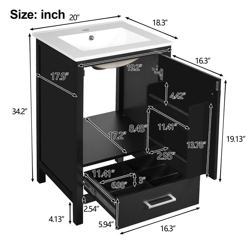 Whisen 20-Inch Modern Bathroom Vanity with Ceramic Sink, Soft-Close Drawers and Door Organizer, Divider Drawer, and Adjustable Plastic Foot Pads