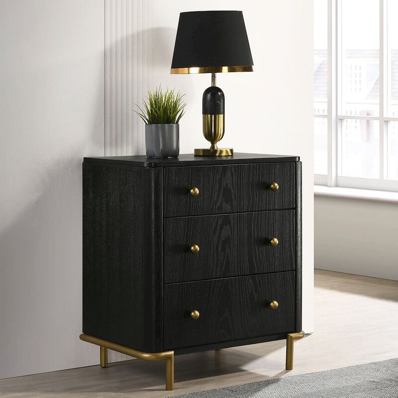 Simple Relax 3 Drawers Wooden Nightstand with Built-in USB Port in Black and Gold image number 1