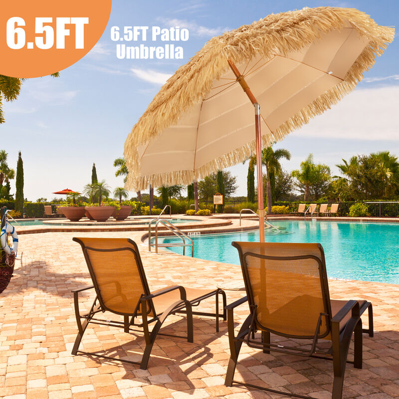 6.5 Ft Beach Umbrella Set of 2 with Adjustable Tilt Thatched Design for Garden Patio image number 4