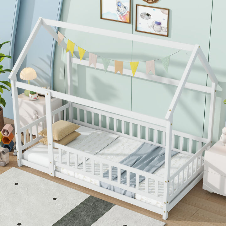 Whisen Twin Wooden House Floor Bed with Roof Frame and Safety Guardrails